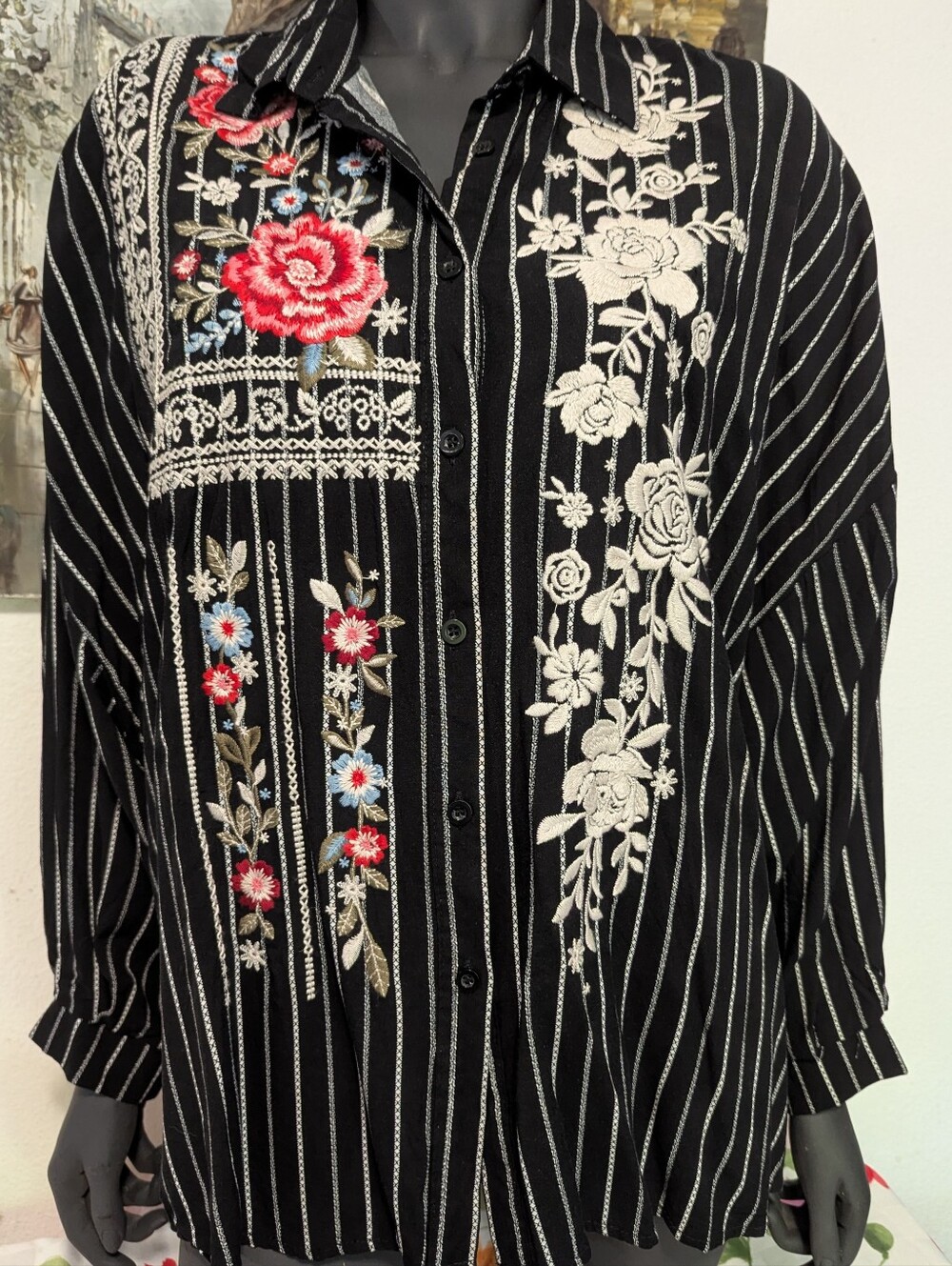 Savanna Jane Black Striped Button-Down Top with Floral Embroidery